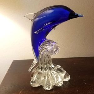 Glass Art Blue Dolphin on Wave